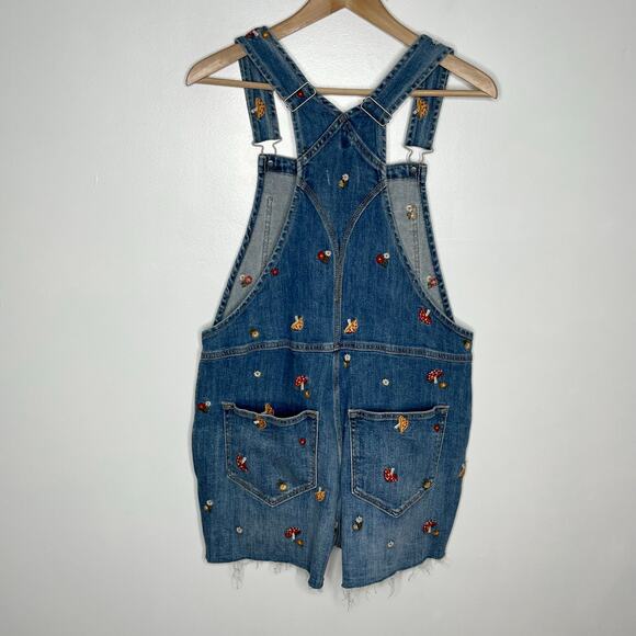 Driftwood Embroidered Denim Shortalls Womens Medium Blue Mushroom Print - Picture 11 of 12